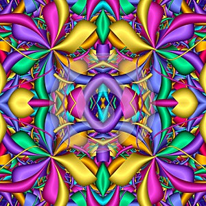 Multicolor Seamless abstract festive vivid pattern. Fantasy flower shapes. 3D elements. Great for tapestry, carpet, blanket,