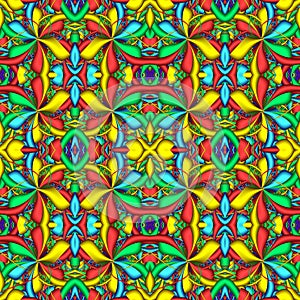 Multicolor Seamless abstract festive vivid pattern. Fantasy flower shapes. 3D elements. Great for tapestry, carpet, blanket,
