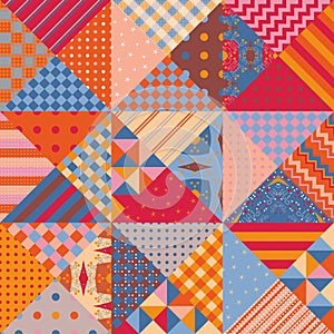 Multicolor seamless patchwork pattern from patches with geometric ornaments. Print for fabric, quilt, paper, wallpaper, wrapping