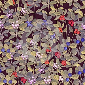 Multicolor seamless patterrn with blooming blueberry and lingonberry plants and berries of varying degree of maturity