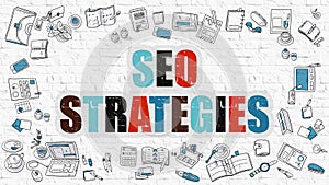 Multicolor SEO Strategies on White Brickwall.