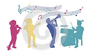 Multicolor silhouettes of Kids playing on different music instruments