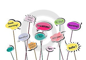 Multicolor speech bubbles with different greetings and goodbyes isolated on the white background, horizontal vector