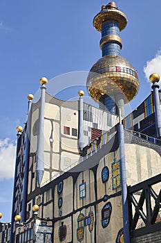 Multicolor Spitelau incinerator and tower in Vienna. Austria. Vertical