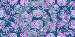 Multicolor Spring watercolor floral Seamless pattern pink and gray branch and Rose Flower on blue background. Flowers