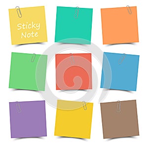 Multicolor sticky note with paper clip and shadow . Flat color . White isolated background . Vector