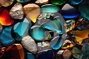 Multicolor stones Pebble background. Smooth round wet glass stones texture background. Generative AI
