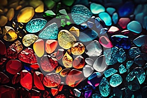 Multicolor stones Pebble background. Smooth round wet glass stones texture background. Generative AI