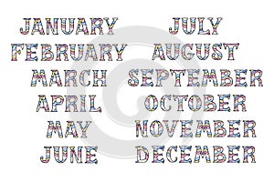 Multicolor striped handwritten names of months isolated on the white background. Vector illustration