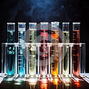 multicolor test tubes with liquid, science laboratory test tubes, lab equipment for research new medical