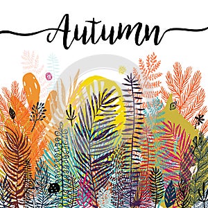 Multicolor trendy tropical autumn background, exotic leaves. Vector botanical illustration, Great design element for