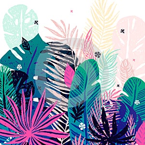 Multicolor trendy tropical background, exotic leaves. Vector botanical illustration, elements for design. photo