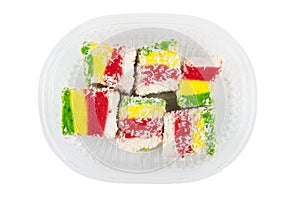 Multicolor Turkish delight in transparent plastic box