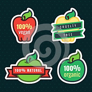 Multicolor vegan, cruelty free, natural and organic products apple stickers in vector