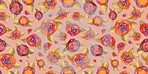 Multicolor Watercolor Seamless pattern yellow and brown branch and red and orange Rose Flower on pink background