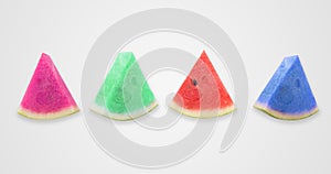 Multicolor watermelon slices on yellow background. Modern style. creative photography