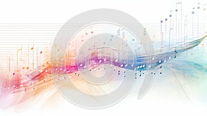 Multicolored abstract background with neural network flying musical notes on white backdrop