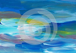 Multicolored abstract background painting, blue, white, yellow, beige texture. Oil artistic brush strokes