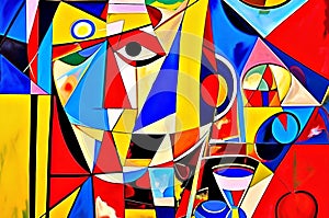 Multicolored abstract geometric background. Blue, red, yellow, orange, geometric abstract background.