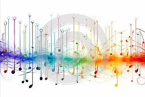 Multicolored abstract musical background with flying neural network musical notes on white