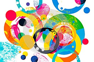 Multicolored abstract painting with circles and dots on white background. AI