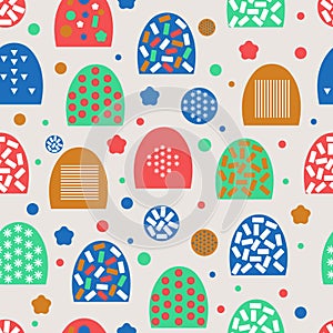 Multicolored abstract seamless pattern with circles, rings, ovals, rectangles, flowers