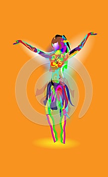 Multicolored abstraction with a dancing girl, colorful woman dancing. Vector orange background