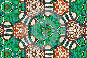 Multicolored African pattern – Seamless and textured design, geometric shapes and curved lines (interlacing)