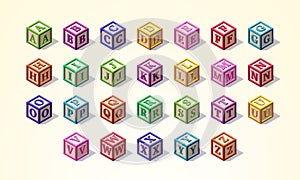 Multicolored Alphabet or ABC Kid Blocks Font in Isometric Style, from A to Z