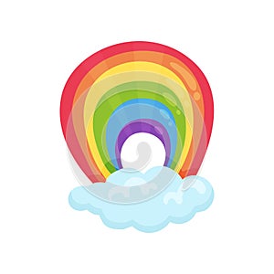 Multicolored arched rainbow and blue fluffy cloud. Flat vector element for children book, mobile game or wall room decor