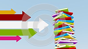 Multicolored arrows pointing towards stack of books