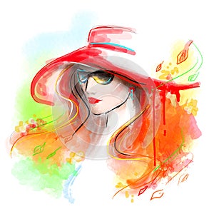 Viacfarebný jeseň. móda krásna žena . jeseň abstraktné. ilustrácie voda farba 