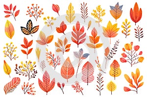 Vícebarevný podzim listy byliny a strom z digitální ilustrace na bílém. 