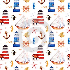 Multicolored background with cute sailor bear,anchor,lighthouses,coral fishes