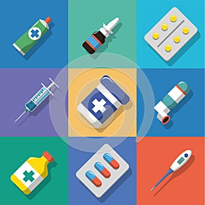 Multicolored background Medicine and drugs icons set with shadows. Flat style vector illustration