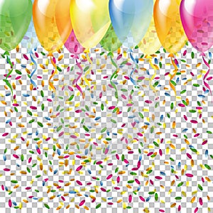 Multicolored balloons with colorful confetti on a chequered backgr