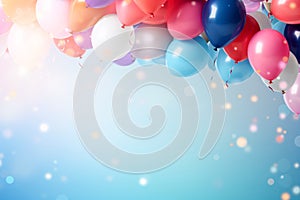 Multicolored balloons with helium on blue abstract background. Concept of happy birthday, new year, party, valentine's