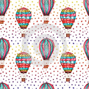 Multicolored balloons watercolor seamless pattern with rainbow polka dots