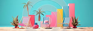 Multicolored beach chairs and palms. Summer vacation concept abstract background. Created with generative Ai