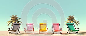 Multicolored beach chairs and palms. Summer vacation concept background. Created with generative Ai