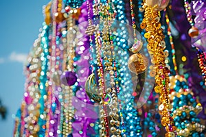 Multicolored beads and trinkets hanging in a cascade from the ceiling of a parade float, Beads and trinkets cascading from parade photo