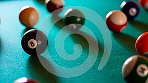 Multicolored billiard balls with numbers on the pool table. Sports game billiards on a green cloth. Banner