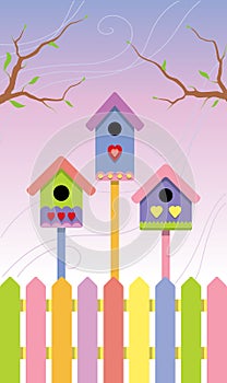 Multicolored birdhouses on spring background