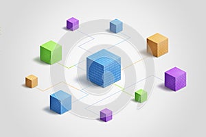 Multicolored blockchain cubes linked by electronic lines and binary code, symbolizing digital connectivity and technology