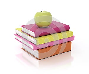 Multicolored book tower with green apple on the top, isolated on white background