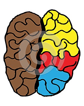 Multicolored brain, schematic drawing of a disease of the left hemisphere, psychology illustration, vector