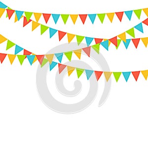 Multicolored bright buntings flags garlands isolated on white