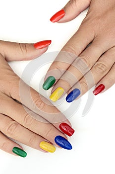 Multicolored bright manicure with different shapes