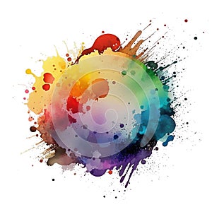 Multicolored bright watercolor splash blot splatter stain brush strokes on white background. Modern vibrant aquarelle spot.