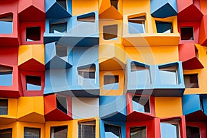 A multicolored building with many windows